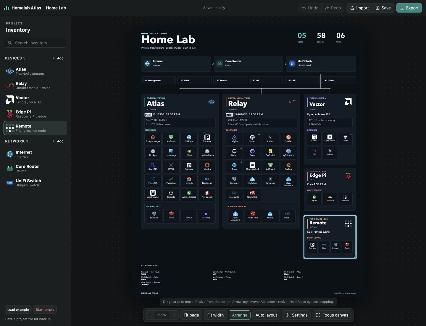 Homelab Atlas editor showing a fictional sample project